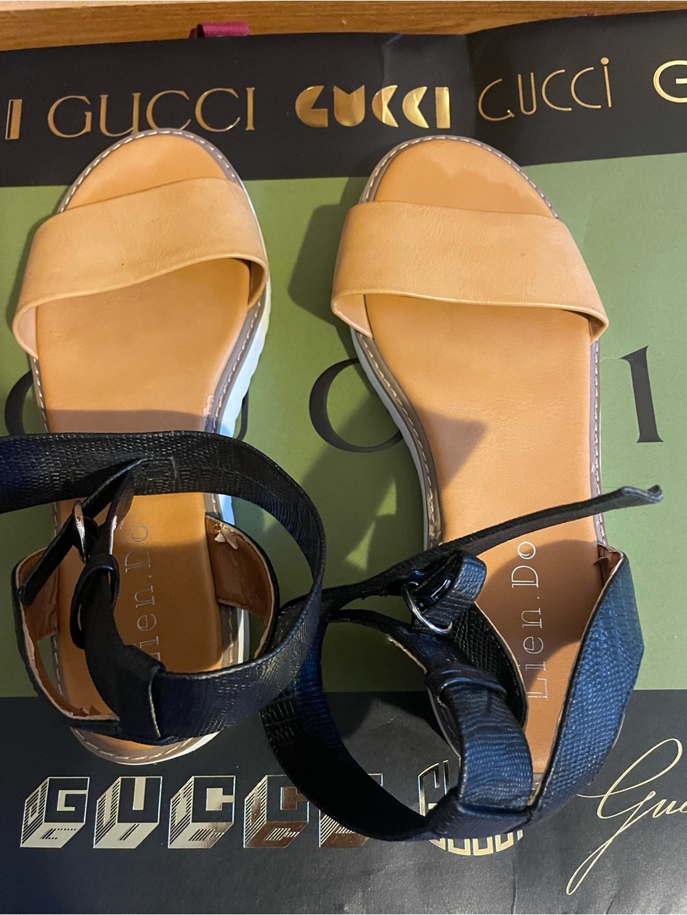 Two-Tone Tan and Black Ankle-Strap Sandals